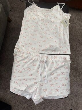 Calvin Klein White and Light Pink CK Logo Cami & Shorts Set